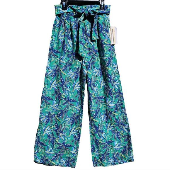 Midnight Sky -175 Blue Green Floral Linen Blend Tie Waist Wide Leg Pants Size S - Picture 1 of 9